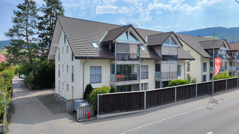 Modern two-story house with a brown tiled roof, white exterior, multiple windows, and balconies. The house is surrounded by greenery and has a Swiss flag displayed on a pole.