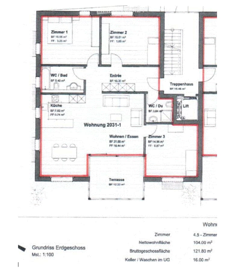 Floor plan of a 4.5-room apartment with living/dining area, kitchen, three bedrooms, two bathrooms, staircase, lift, and terrace.