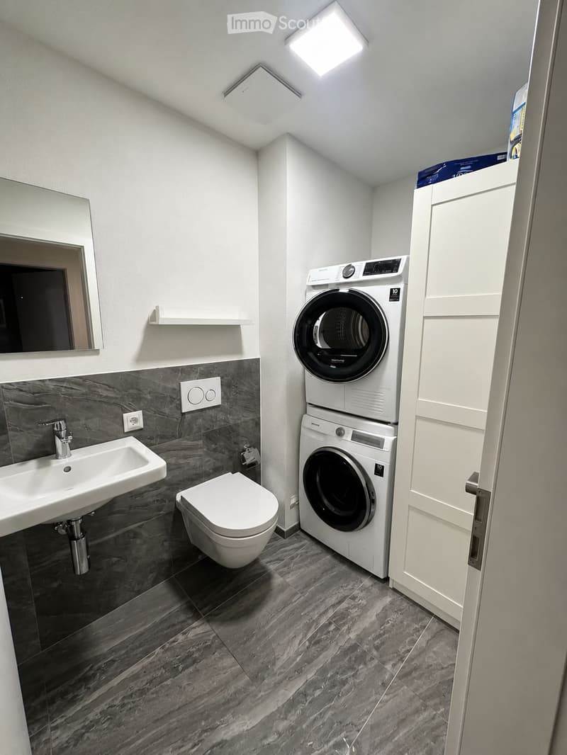 Modern bathroom with a sink, toilet, washing machine, dryer, and a mirror. The walls are tiled in dark grey marble, and the floor is made of dark grey marble tiles.