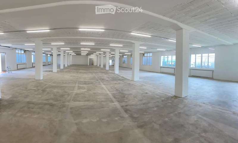 Large, empty industrial-style room with concrete floors, white walls, and large windows allowing natural light. The space features white structural columns and exposed ceiling beams.