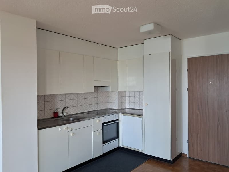Modern kitchen with white cabinets, stainless steel sink, oven, and refrigerator. Features a dark countertop and tiled backsplash.