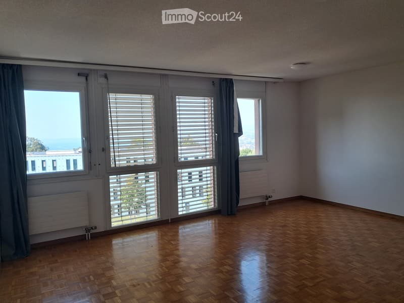 Empty room with wooden flooring, large windows with blinds, and radiators on the walls.