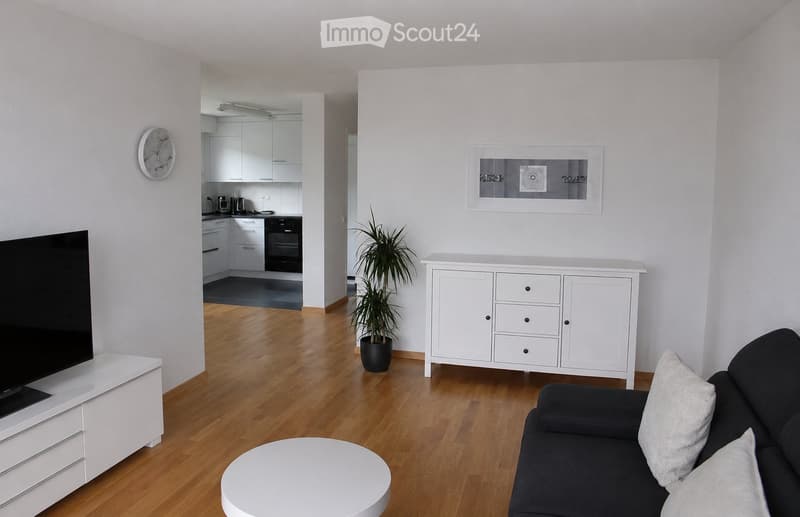 Modern living room with a black sofa, white coffee table, white cabinet, potted plant, flat-screen TV, wall clock, and picture frame. The room features light wooden flooring and an open-plan kitchen area visible in the background.