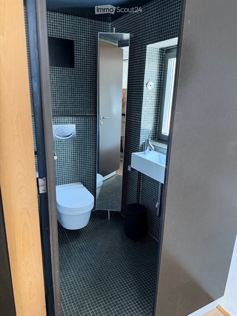 Modern bathroom with dark tiled walls and floor, featuring a toilet, sink with faucet, mirror, and a small trash bin.