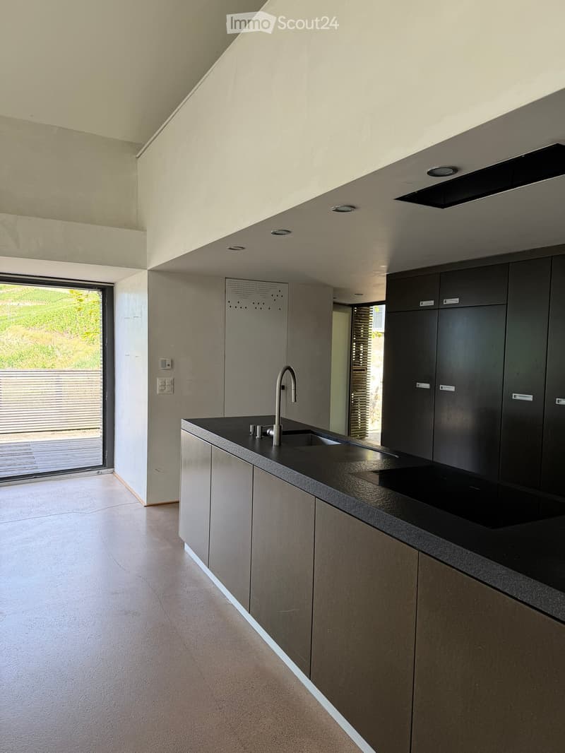 Modern kitchen with sleek black countertops, stainless steel sink, and dark grey cabinets. Large window provides natural light.