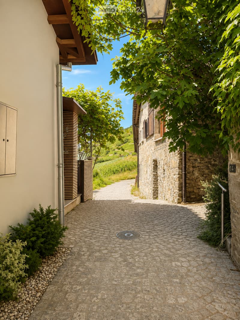 A cobblestone pathway flanked by stone walls and greenery, leading to a rural landscape with trees and hills under a clear blue sky.