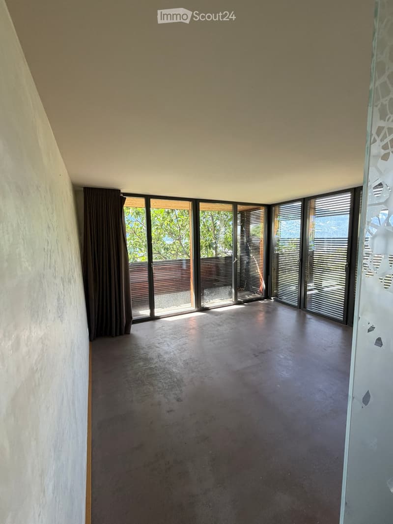 An empty room with a concrete floor, large glass sliding doors leading to an outdoor area, and a dark curtain on one wall.