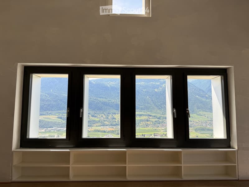 Empty room with large windows offering a scenic mountain view, white shelving unit below the windows.