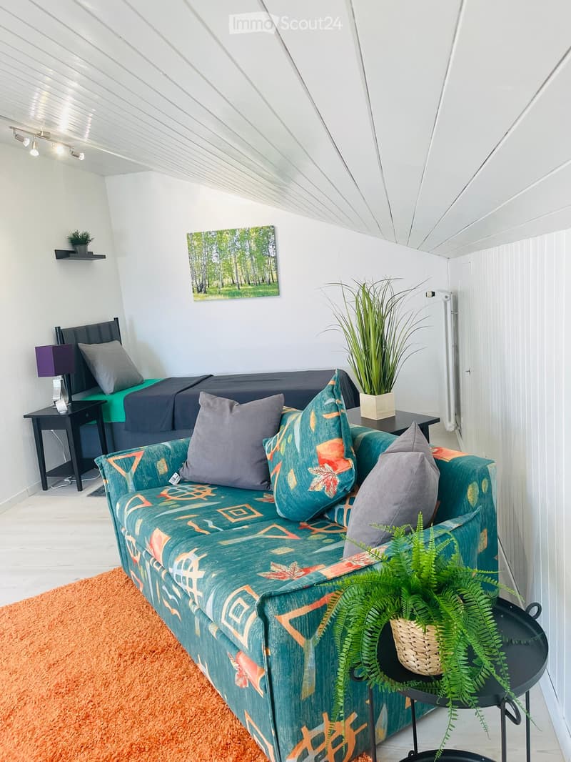 A modern, well-lit room with a green sofa, a bed with dark bedding, a nightstand, a small table with a potted plant, and a picture frame on the wall.