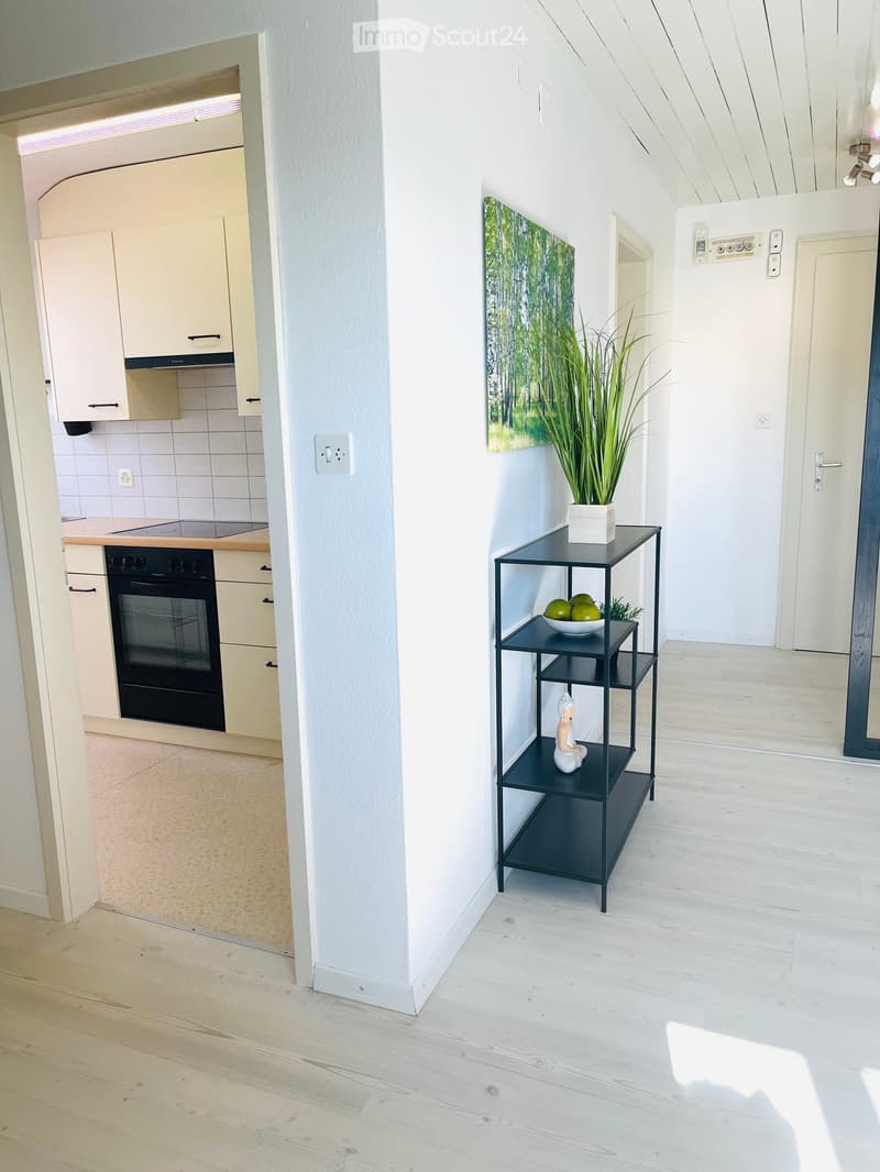Bright hallway with light wooden flooring, white walls, and a small black shelving unit holding a plant, fruit bowl, and decorative figurine. An open kitchen area is visible to the left with light-colored cabinets, a black oven, and a countertop.