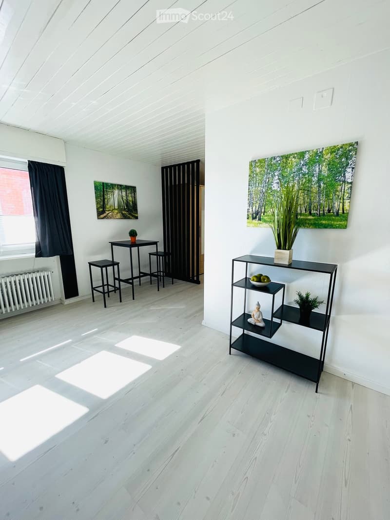 Bright, minimalist room with white wooden flooring, white walls, and modern decor including a black shelf with plants and a small table with stools.