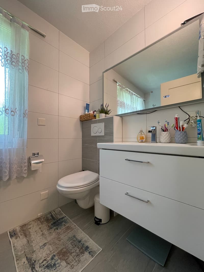 Modern bathroom with white tiles, a toilet, a sink with a large mirror, and various toiletries on the counter. A small basket with a plant is placed on the sink, and a shower curtain is visible in the background.