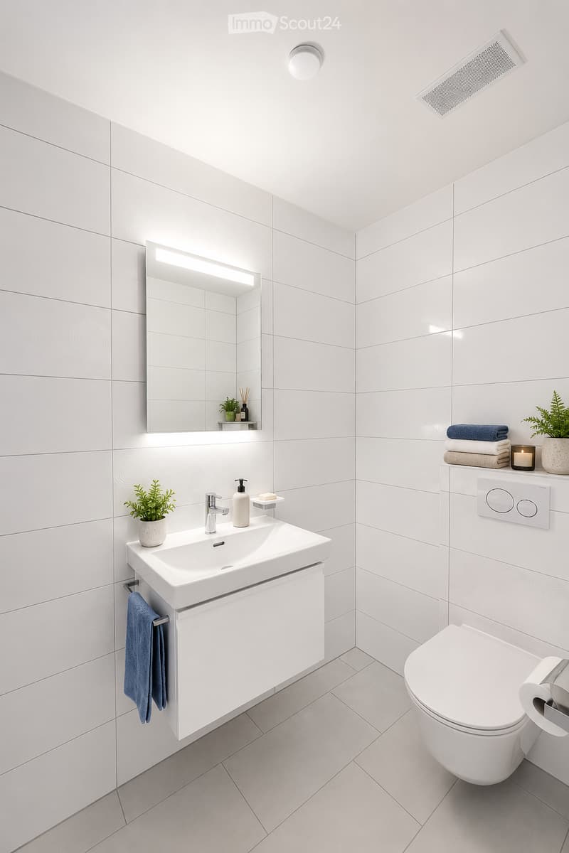 Modern bathroom with white tiles, a sink with a mirror, a toilet, and decorative elements like plants and a candle.