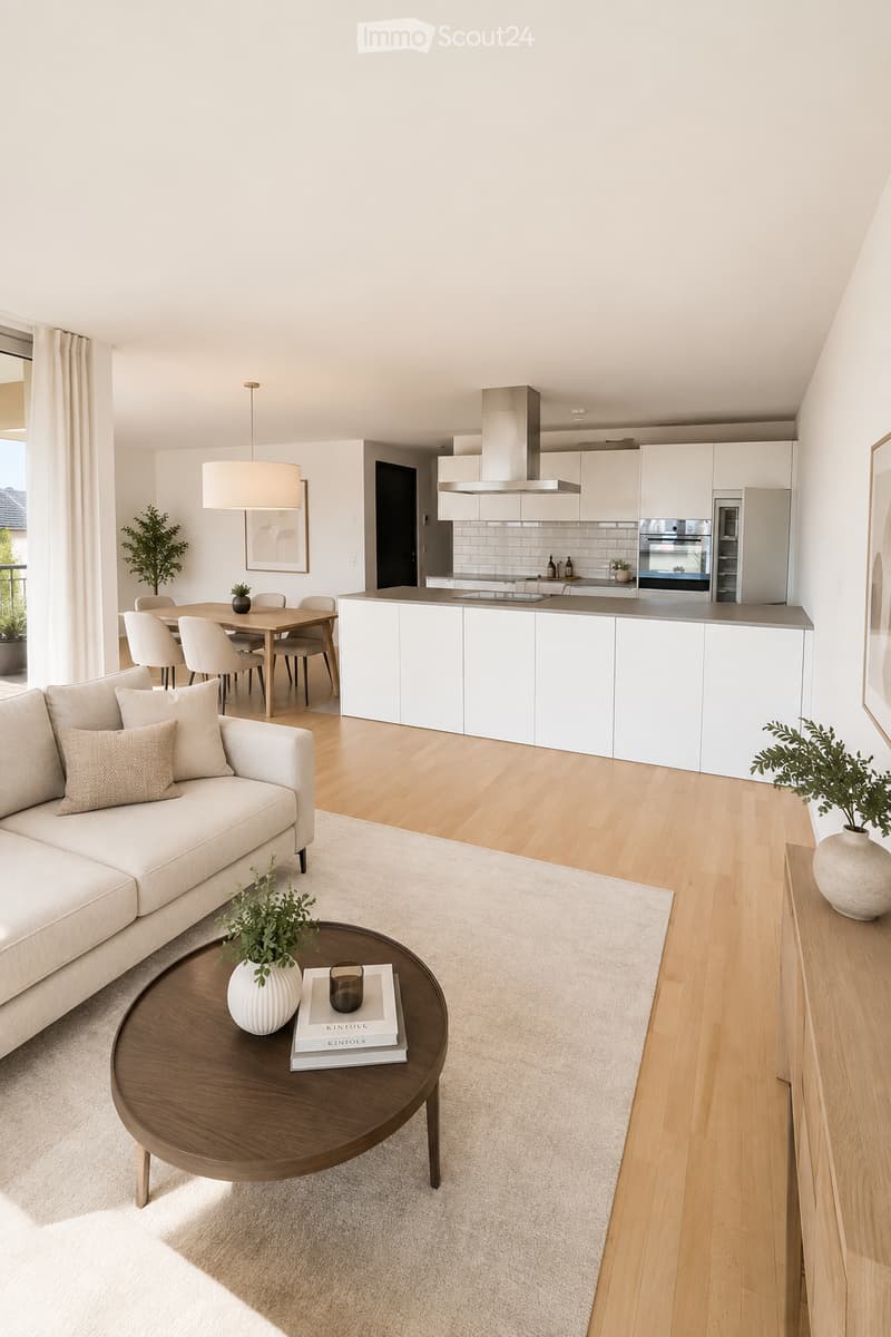 Open-plan living and dining area with a light-colored sofa, coffee table, dining table, and modern kitchen featuring white cabinets and stainless steel appliances.