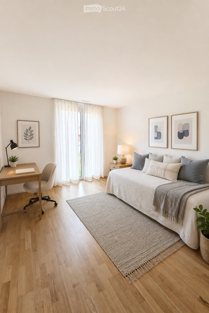 Bright, modern bedroom with a large bed, nightstand, desk, and chair. Features wooden flooring, large windows with sheer curtains, and decorative artwork.