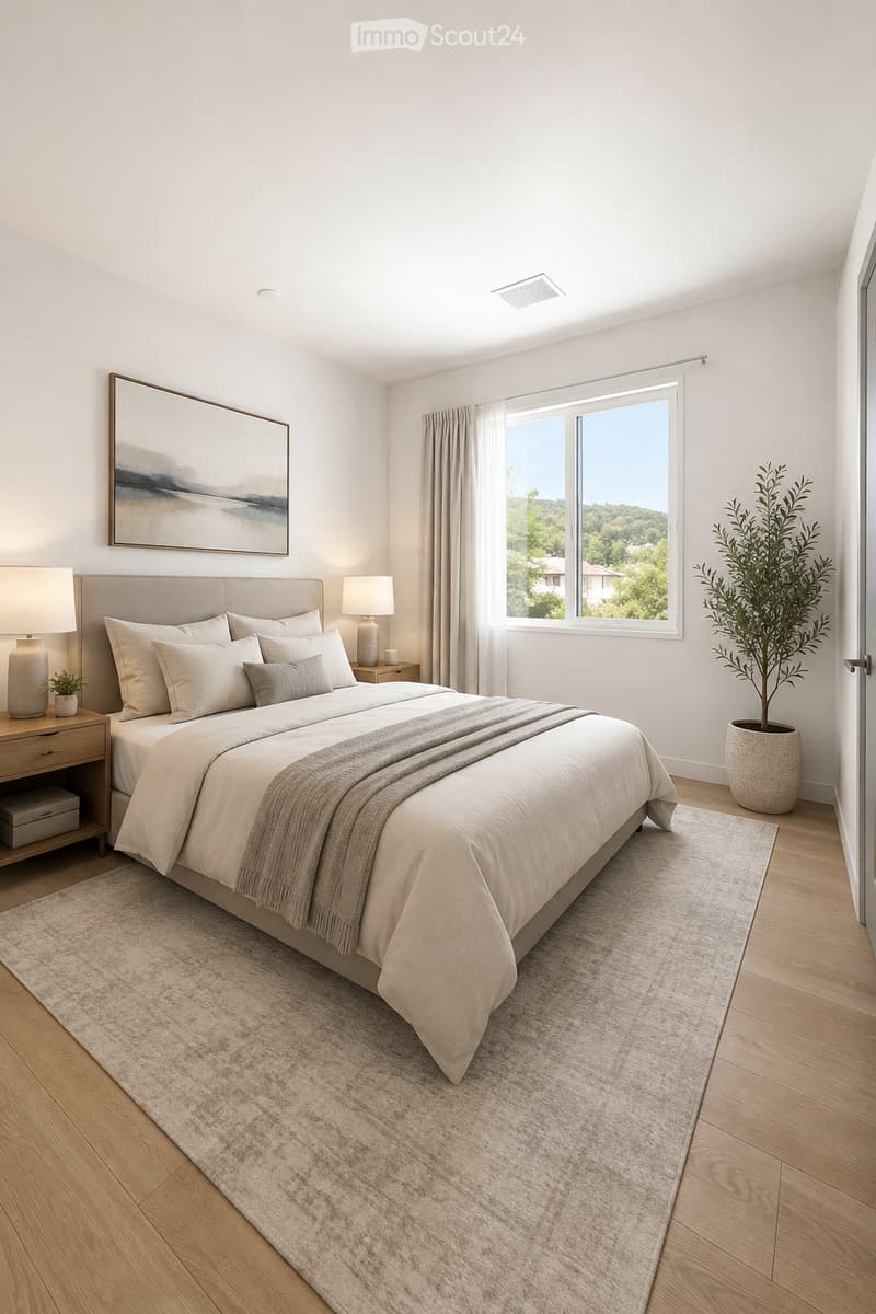 Modern bedroom with a large bed, nightstands, lamps, a picture frame on the wall, and a potted plant near the window.