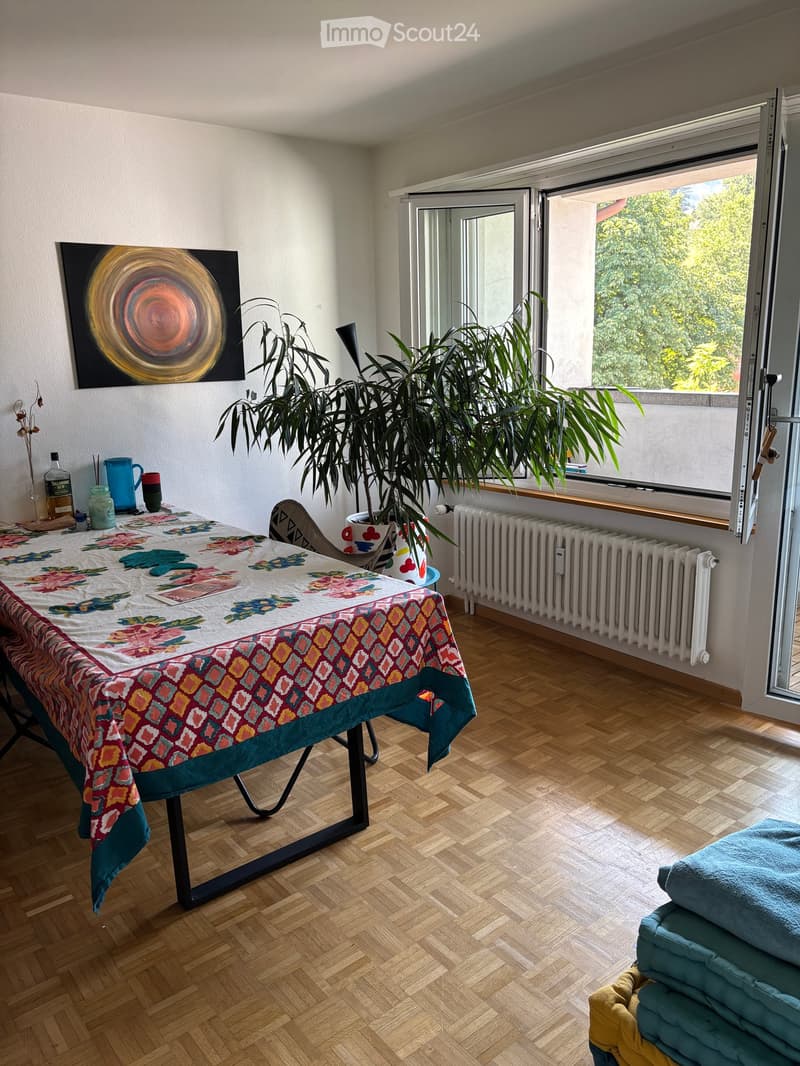 A well-lit room with wooden flooring, a large window with a view, a table with a colorful tablecloth, a potted plant, a painting on the wall, and a radiator below the window.