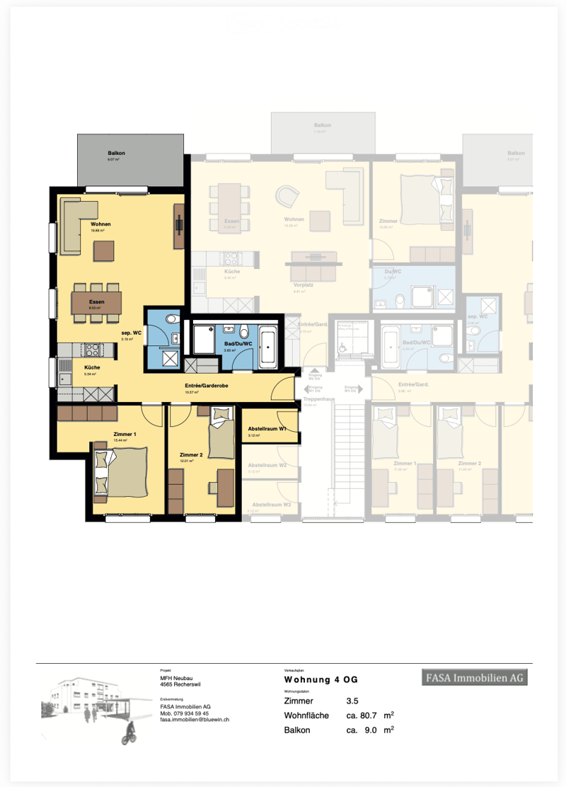 Floor plan of a 3.5-room apartment on the 4th floor, featuring living room, dining area, kitchen, two bedrooms, three bathrooms, and two balconies.