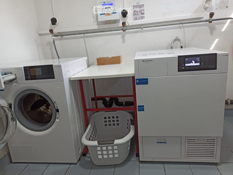 Laundry area with a washing machine, dishwasher, and a laundry basket on a small table.