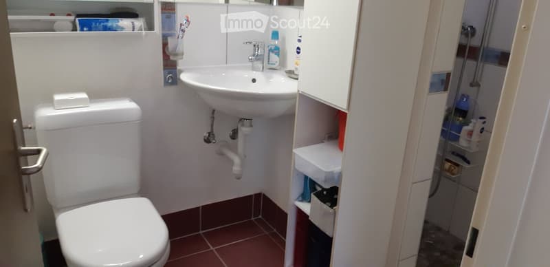Compact bathroom with a toilet, sink, and small storage cabinet. The sink has a modern faucet, and there are toiletries and a toothbrush visible on the counter.