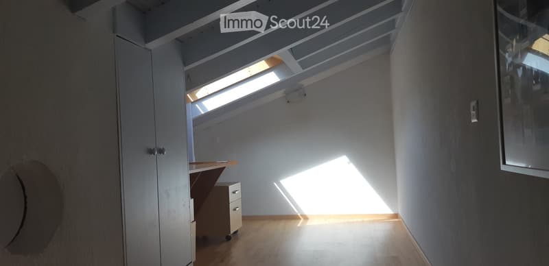 Bright, minimalist room with wooden flooring, white walls, and skylight windows. Contains a small desk and a cabinet.