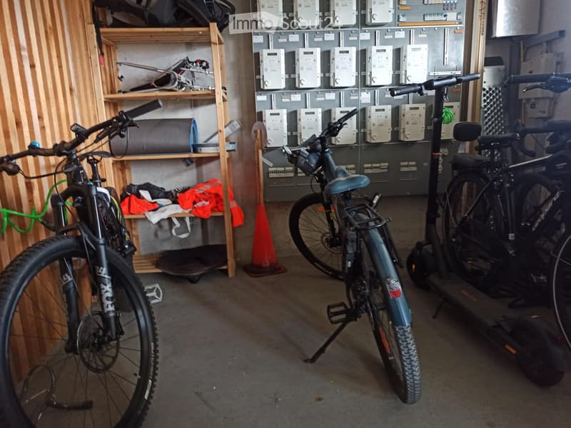 Garage with bicycles, a scooter, and a wooden shelf holding various items.
