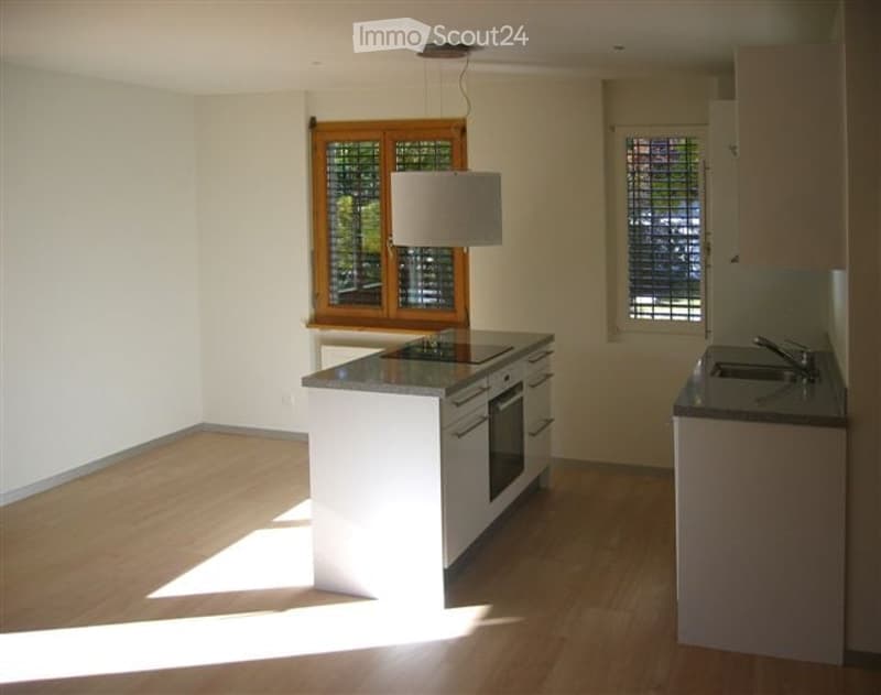 Modern kitchen with white cabinetry, a central island, and a pendant light fixture. The space features wooden flooring and large windows allowing natural light to fill the room.