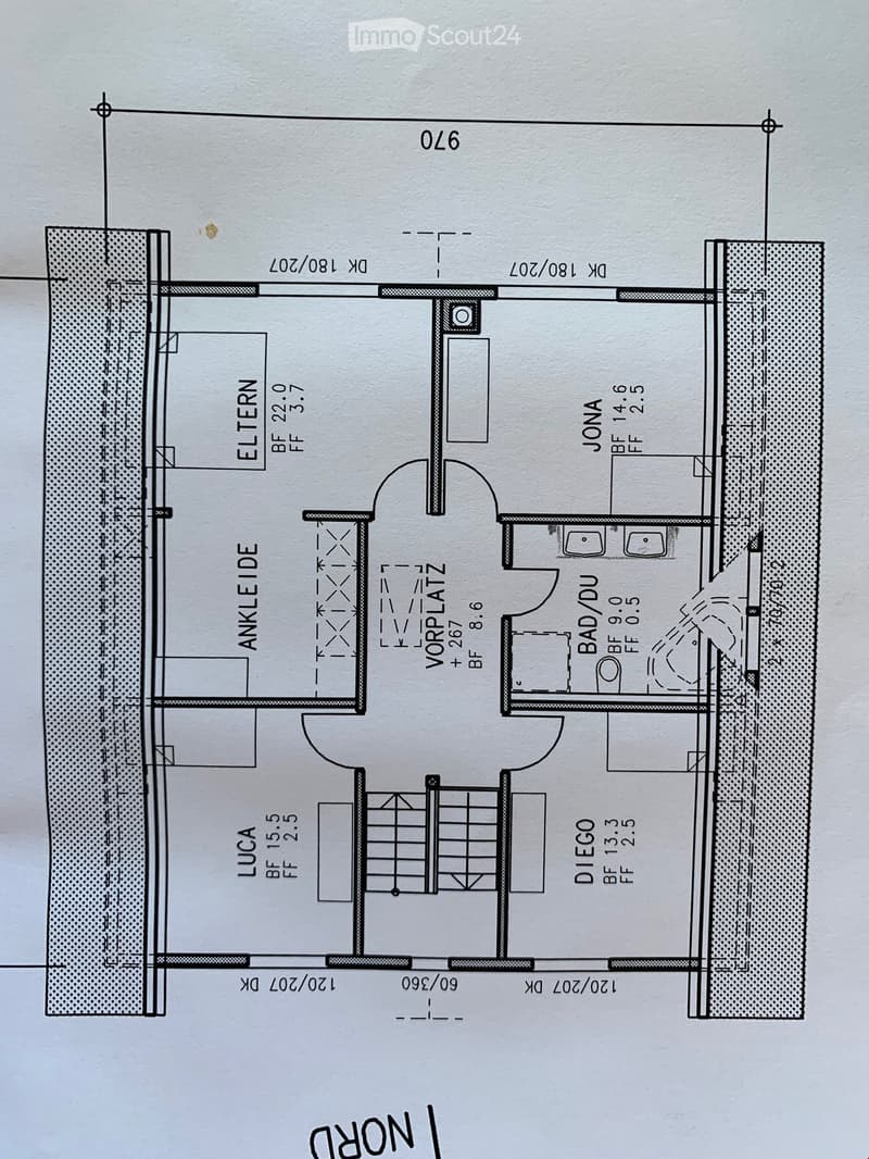 Floor plan showing six rooms: Eltern, Jona, Ankleide, Vorplatz, Bad/DU, Luca, and Diego. Includes dimensions and labels for each room.