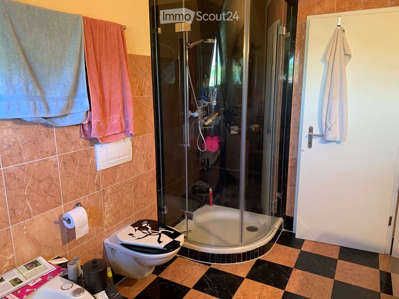 Bathroom with a toilet, glass-enclosed shower, towels, toilet paper, and a door.