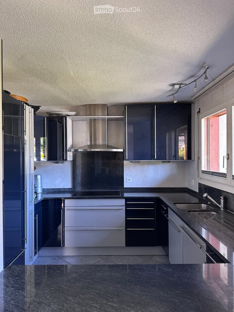 Modern kitchen with dark grey cabinets, stainless steel appliances, granite countertops, and a large sink with a modern faucet.