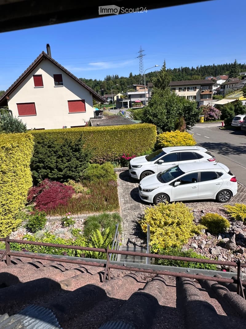 View from a rooftop showing a residential house with red shutters, a well-maintained garden, and parked cars on a driveway.