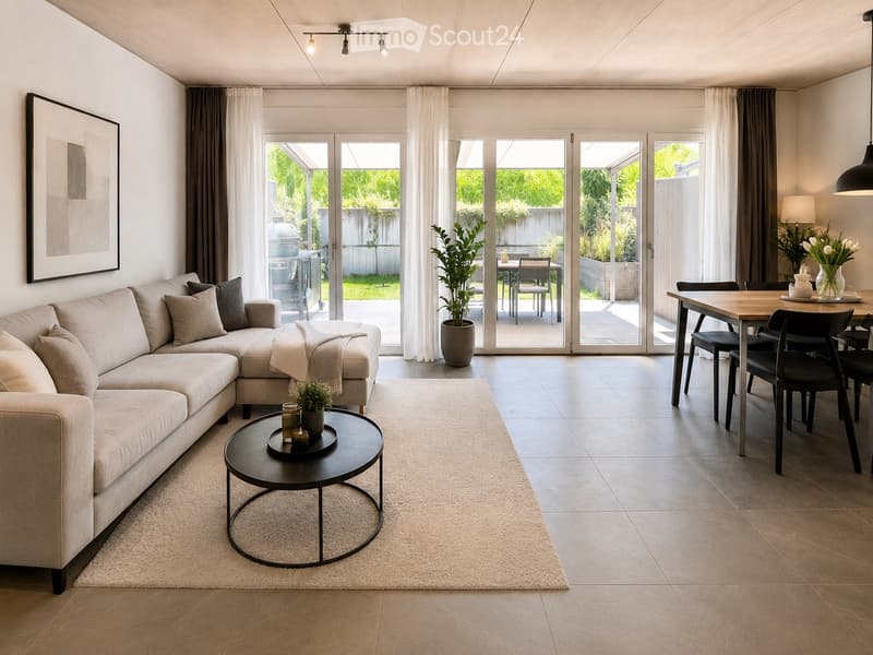 Modern living and dining area with a sectional sofa, coffee table, dining table with chairs, and large windows leading to a patio.