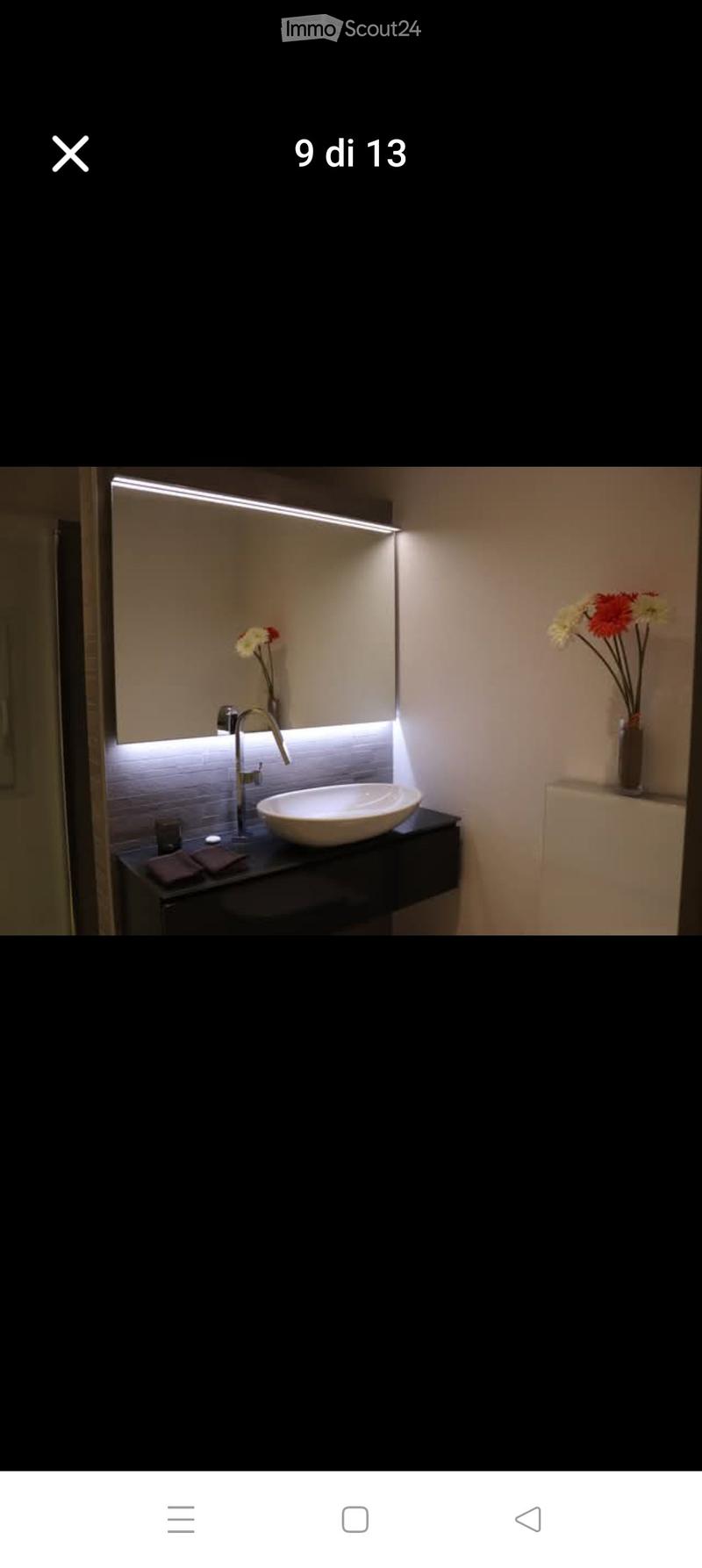 Modern bathroom with a sleek sink, illuminated mirror, and decorative vase with flowers on a cabinet.