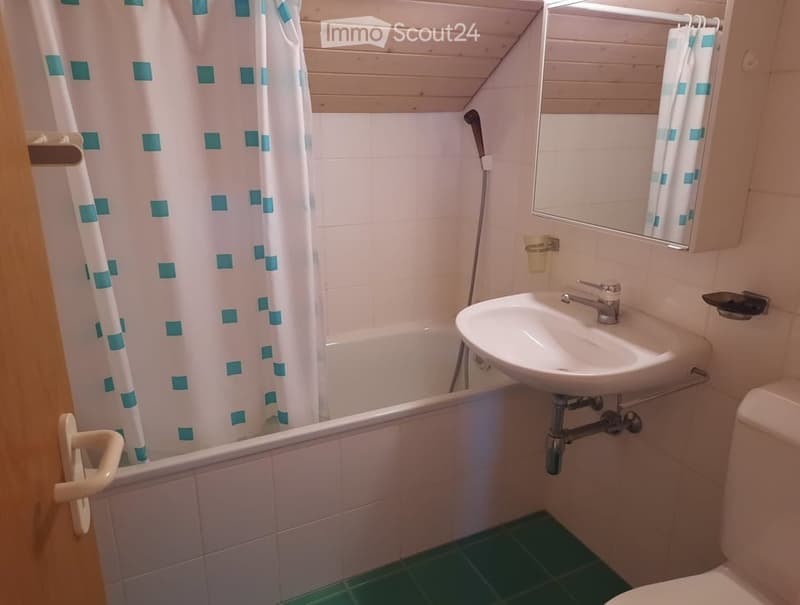 Bathroom with a bathtub, sink, toilet, and mirror. Features a wooden ceiling and green tiled floor.