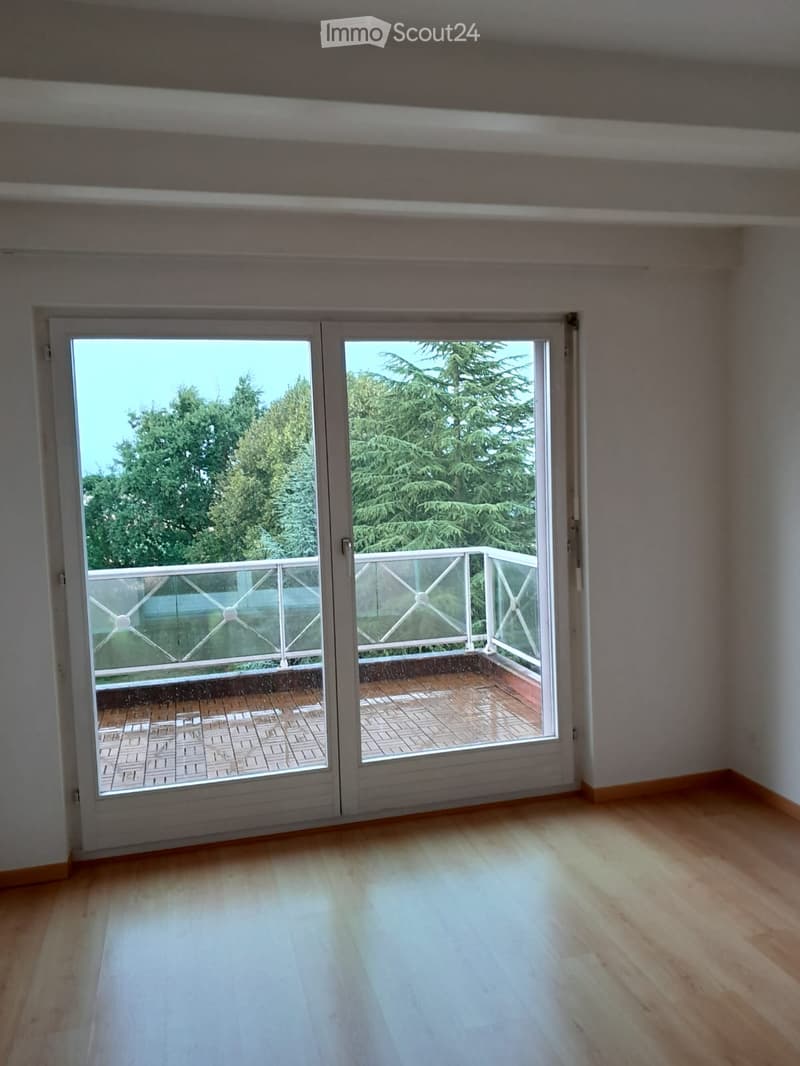Empty room with wooden flooring, large sliding glass doors leading to a balcony with a brick floor and white railing.