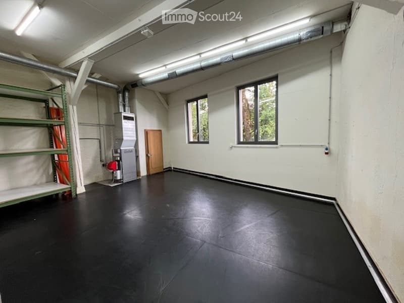 empty garage with white walls, black floor, ceiling lights, shelves on the left, door at the end, windows and gas cylinder
