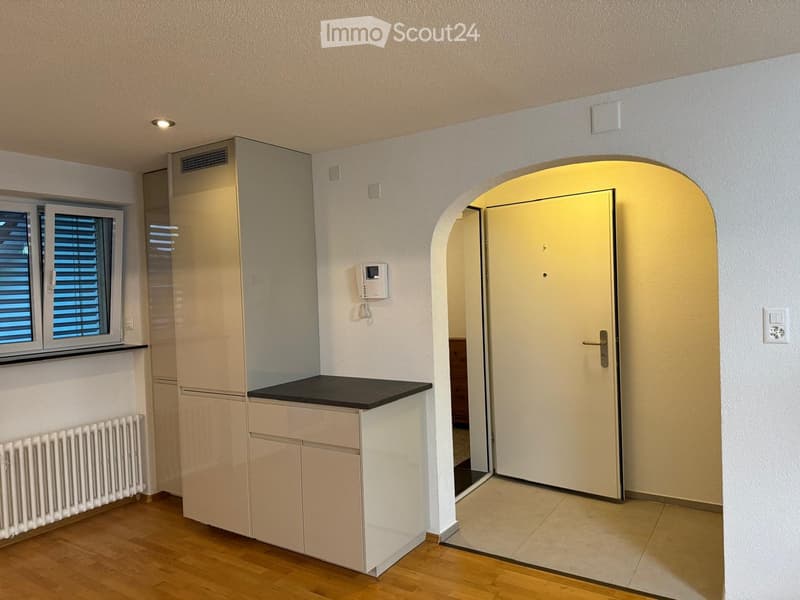 A well-lit hallway with wooden flooring, white walls, a built-in cabinet with a black countertop, a radiator, and a door leading to another room.
