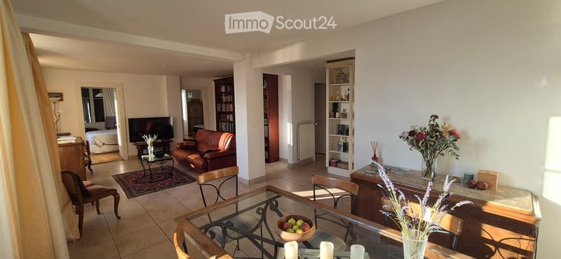 Spacious living and dining area with a leather sofa, coffee table, dining table with chairs, bookshelf, and decorative vases.