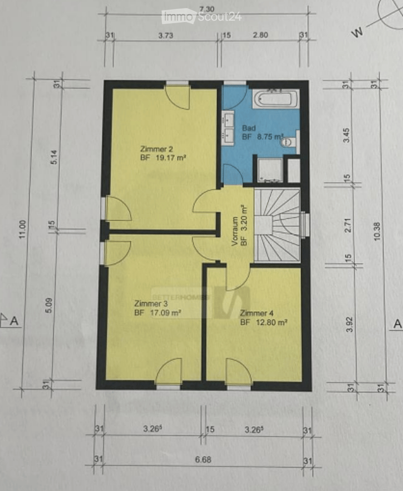 Floor plan of a 4-room apartment with a living area, two bedrooms, a bathroom, and a hallway.