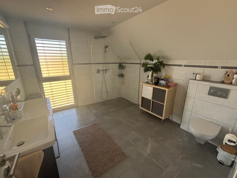 Modern bathroom with a bathtub, toilet, sink, shower, and a small cabinet. Features a large window with blinds, a plant, and a bathroom rug on the floor.