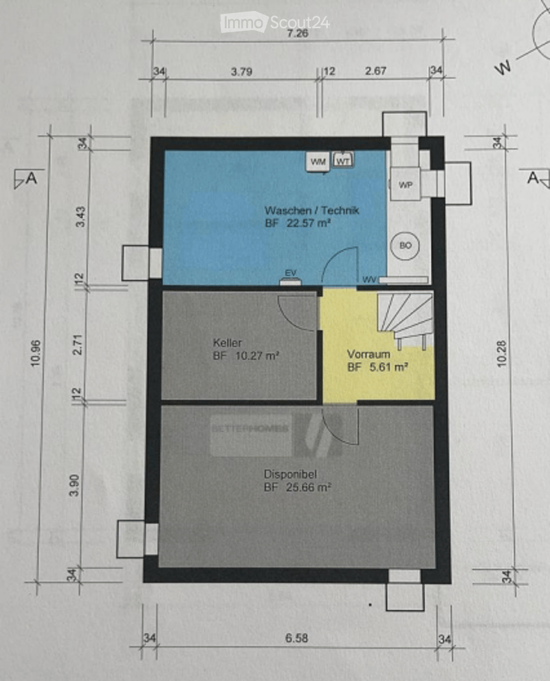 Floor plan of a basement level showing a utility room, storage area, and living space.