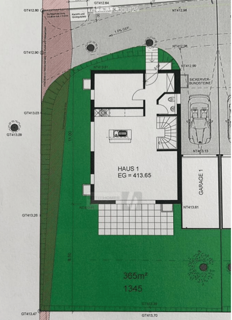 Floor plan of a house with labeled rooms including living area, kitchen, bedrooms, bathrooms, and a garage.