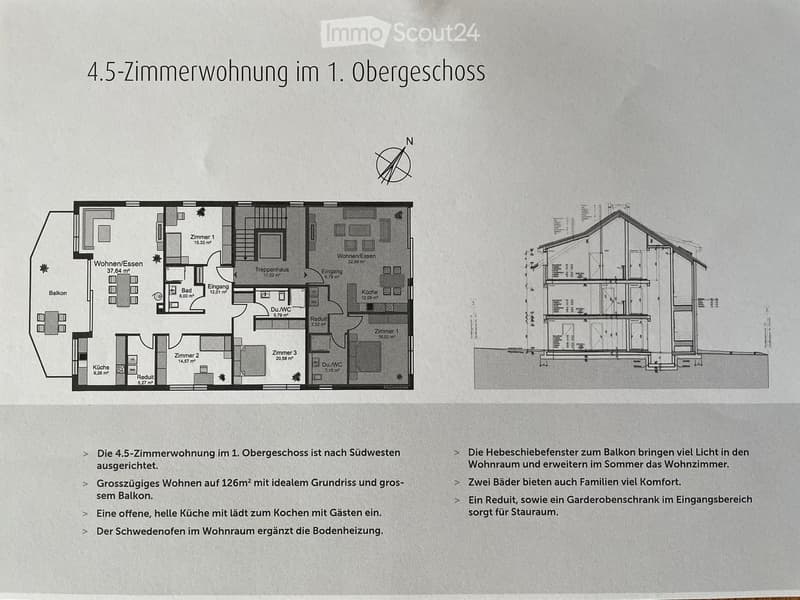 Floor plan of a 4.5-room apartment on the first upper floor, featuring a living/dining area, kitchen, three bedrooms, two bathrooms, entrance, hallway, and balcony.