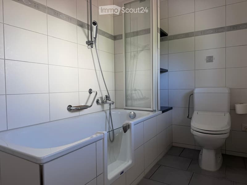 Modern bathroom with a white bathtub, toilet, showerhead, and a large mirror above the bathtub.