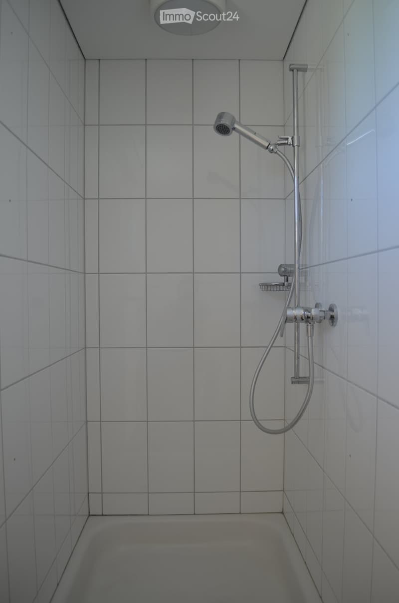 Modern shower area with white tiled walls and floor, featuring a handheld showerhead and a fixed faucet.