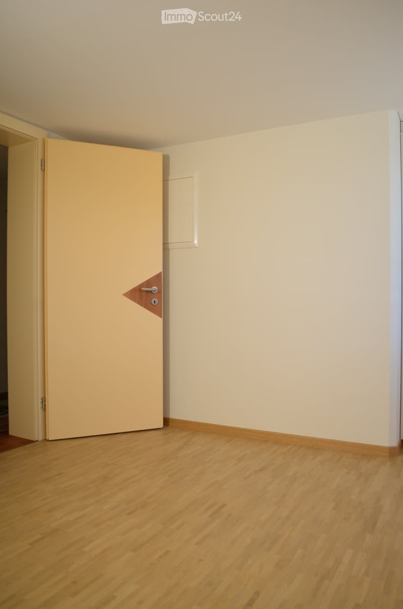 Empty room with light wooden flooring and light-colored walls. A closed door is visible on the left side.