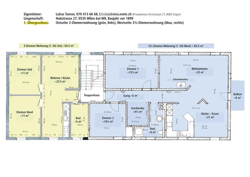 Floor plan of a 1st floor with two apartments: a 3-room apartment (east side) and a 3.5-room apartment (west side). The east side includes a living/kitchen area, two bedrooms, a bathroom, and a hallway. The west side includes a living room, a bedroom, a k