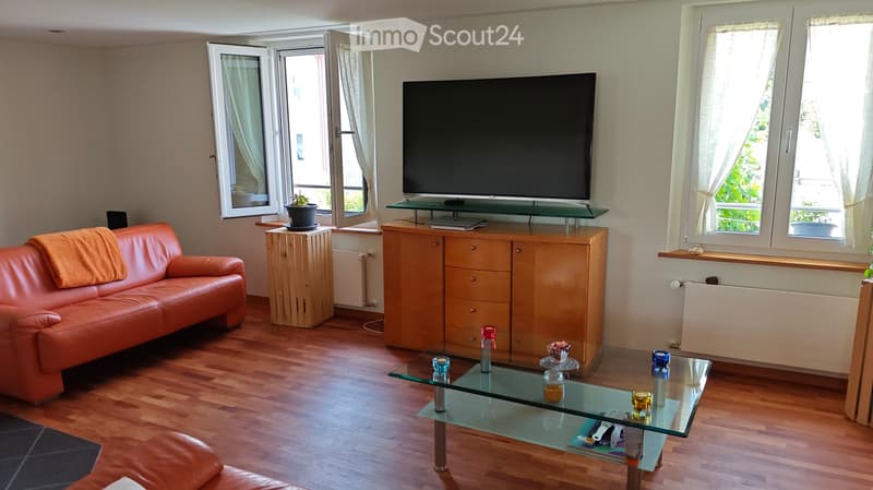 Modern living room with wooden flooring, a red leather sofa, a glass coffee table, a TV on a wooden stand, and a small plant on a side table.