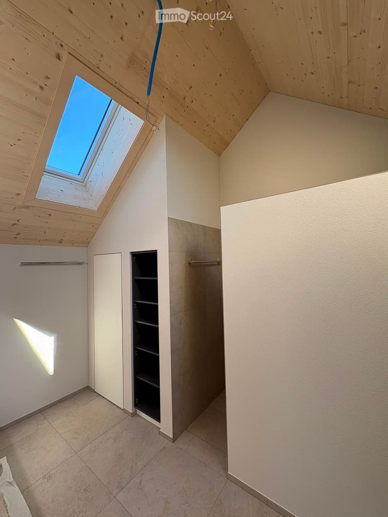 Empty attic space with wooden slatted ceiling, skylight window, built-in closet with open shelving, and tiled floor.