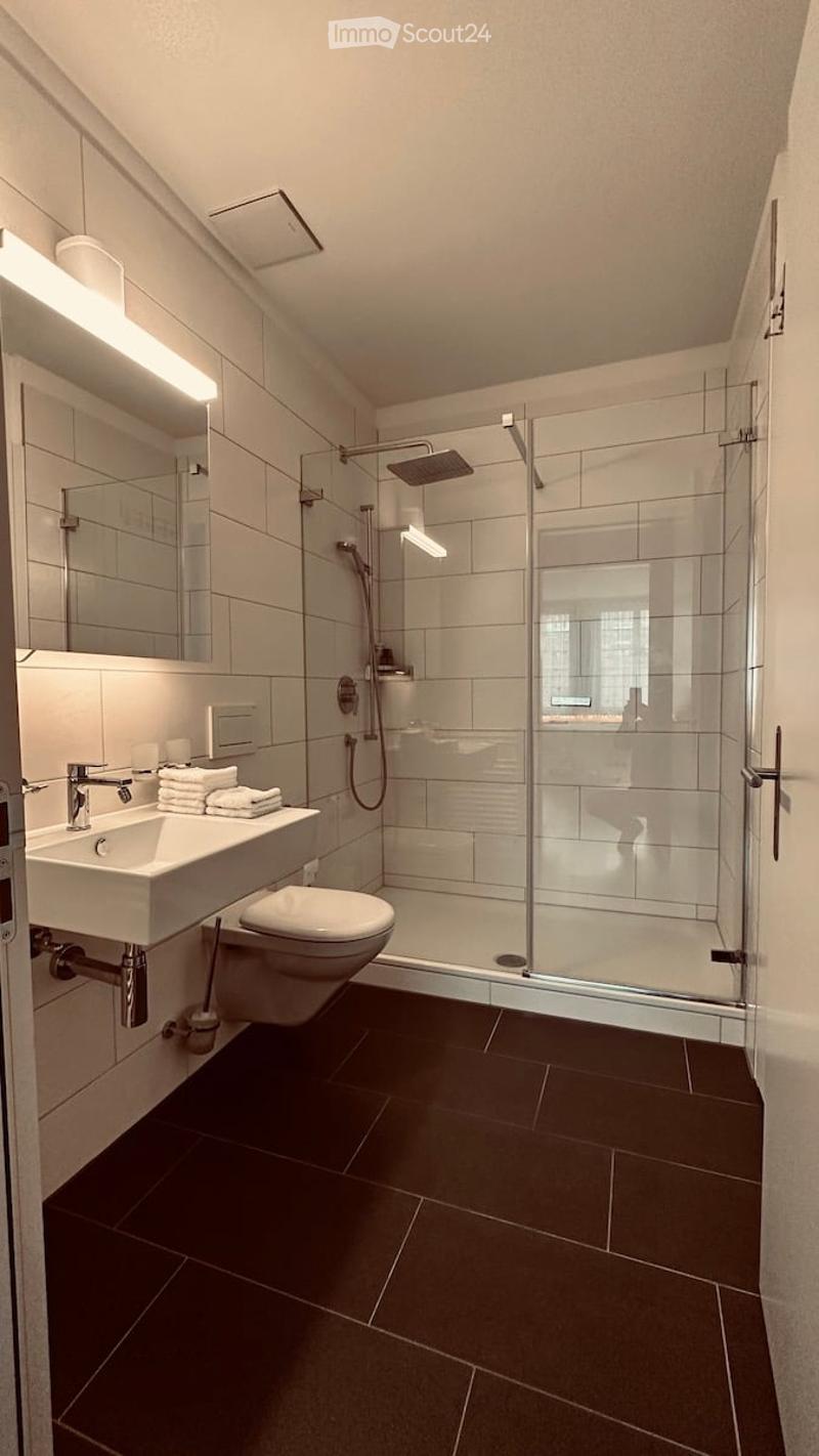 Modern bathroom with dark tiled floor, white walls, glass-enclosed shower, sink, toilet, and mirror.